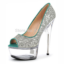 Fashion Transparent Pumps 2014 Peep Toe 15cm Summer Sexy High Heels Platform Rhinestone Woman Pumps Silver