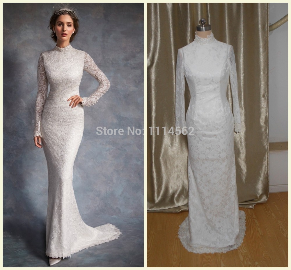 2014 Beach Wedding Dresses Sheath High Collar Long Sleeve Floor Length Zipper Lace Wedding Dress Custom