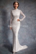 2014 Beach Wedding Dresses Sheath High Collar Long Sleeve Floor Length Zipper Lace Wedding Dress Custom