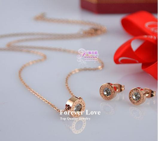 AAA zircon crystal fashion necklace earring set titanium steel rose gold plated woman jewelry 2015 high