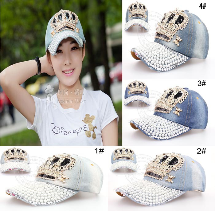 2014 new Retail Crown Point drill pearl cowboy denim women baseball cap men Hat rhinestone print Diamond Point