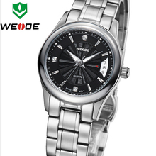 Nuevo estilo de lujo mujeres WEIDE del acero inoxidable calendario completo relojes de zafiro cuarzo suizo reloj de vestir metros impermeabilizado