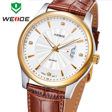 Nueva WEIDE lujo calendario completo genuino hombres correa de cuero de moda visten los relojes de zafiro suizo movimiento de cuarzo reloj 3ATM