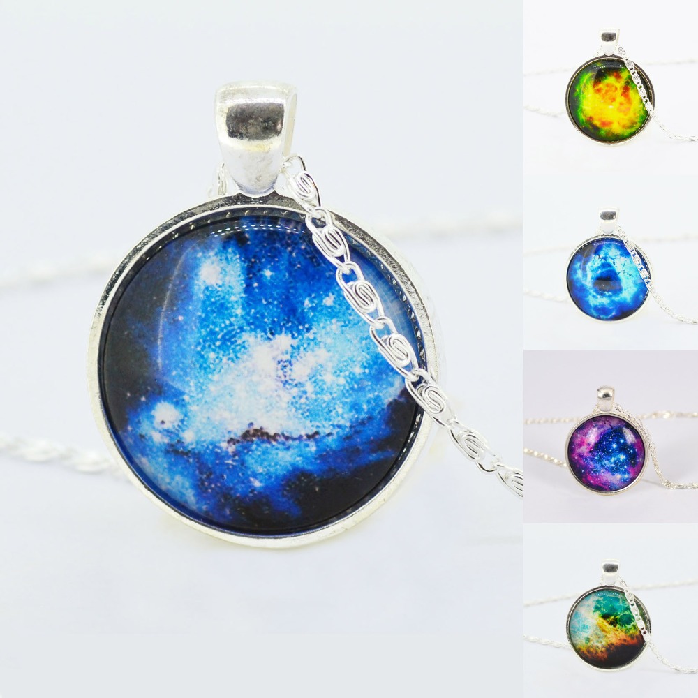 Galaxy Glass Cabochon Necklace Milky Way Galaxy Nebula Space Antique Silver Pendant Silver Plated Chain Necklace