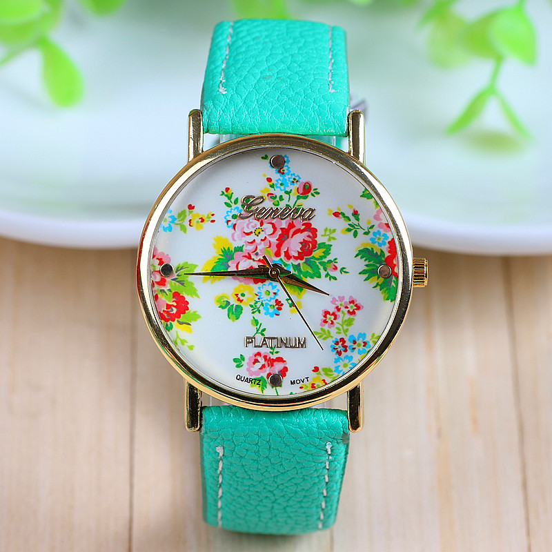 New Arrival Hot Selling Mint Green Leather Flower Watch Rose Geneva Watch Flower Women Dress Watch