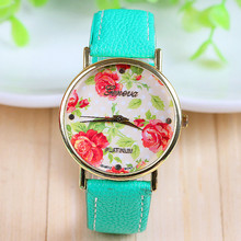 New Arrival Hot Selling Mint Green Leather Flower Watch Rose Geneva Watch Flower Women Dress Watch