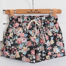 Free Shipping Women Fashion Floral Elastic Waist Drawstring Cotton Shorts For Female Short Pants Woman Casual