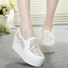 Cutout breathable platform shoes lace gauze single shoes elevator low casual shoes female sandals