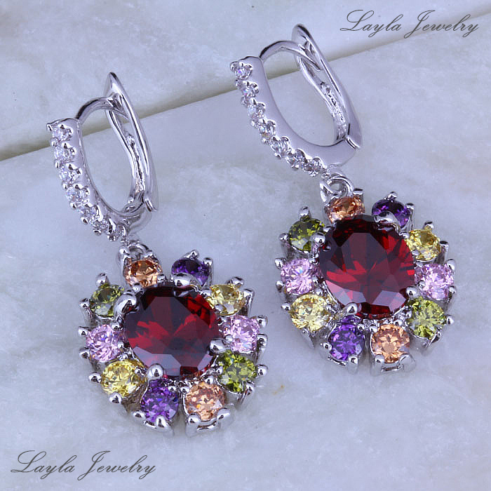 2014 Trendy Silver 18K Gold Plated Earrings Womens Wedding Jewelry Red Garnet Multicolor CZ Diamond Drop