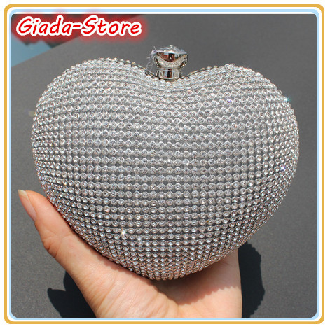 2015 New Fashion Women s Heart shaped Hard Box Clutch Luxury Bling Diamond Wedding Party Handbag