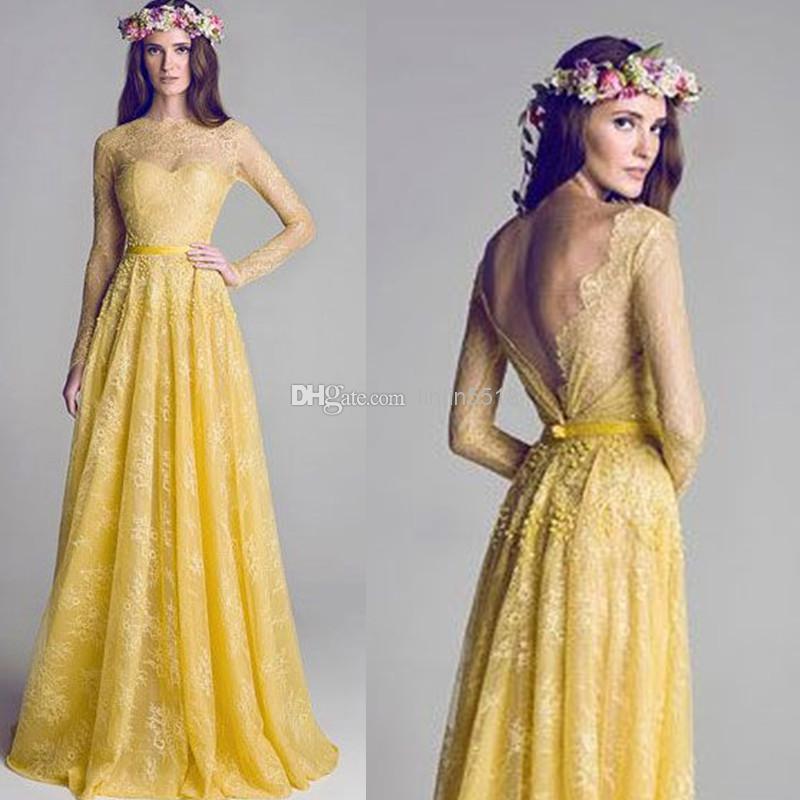 Dress-Yellow-Lace-Evening-Dress-Long-A-Line-Long-Sleeve-Evening-Dress ...