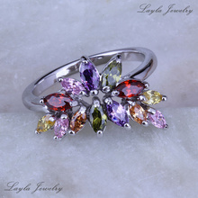 Exquisite Garnet Peridot Amethyst Morganite Combine Topaz Flower Rings, Silver / Platinum Plated Rings for Women J0256