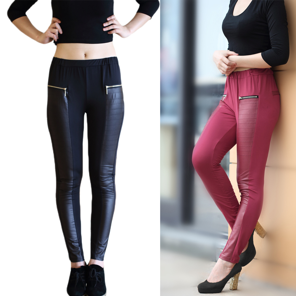 Autumn Fashion New Women Sexy Tights Leggings Elastic High Waist Stretchy Skinny Leather Look Panels Pants Trousers Black XL XXL