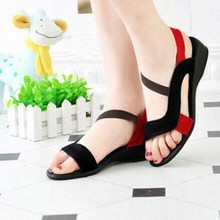 Free Shipping! 2014 black sandals women’s shoes open toe wedges genuine leather new style fashion flat heel sandals