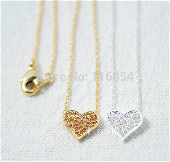 Free Shipping Silver 18K Gold Lace Style Filigree Heart Necklace Cute Tiny Heart Love Necklace For