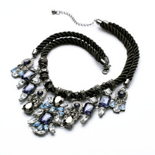 N00872 Fashion Costume Jewelry Vintage Silver Black Fabric Rope Chain Crystal Statement Choker Necklace Women Dangle
