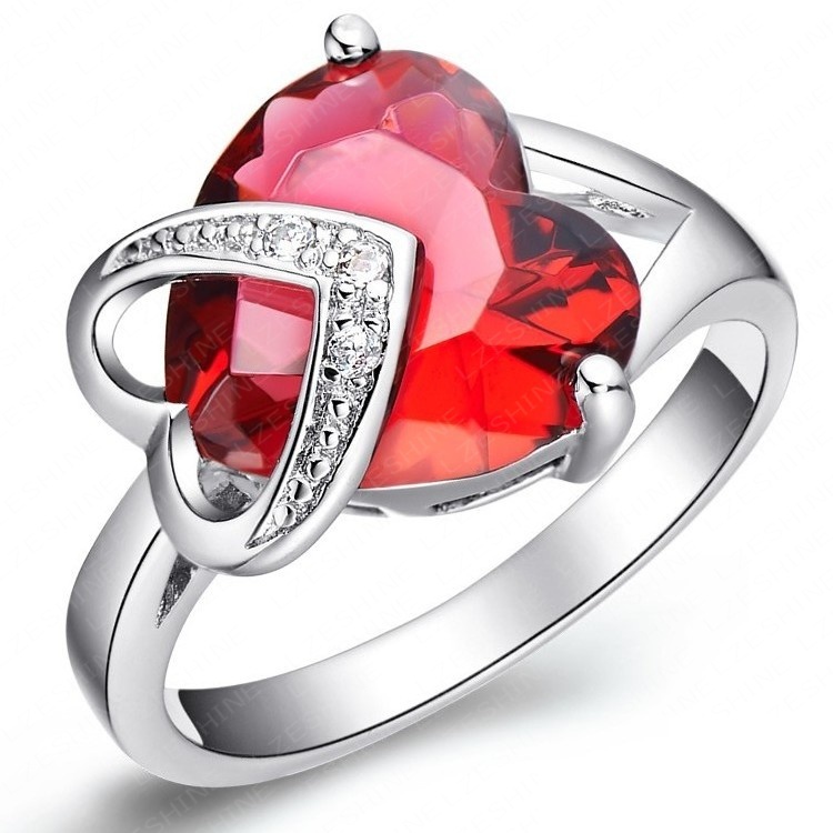 Romantic Christmas Love Gift Female Ring Fashion Accessories Real Platinum Plated Heart Shaped Cut Ruby Ring