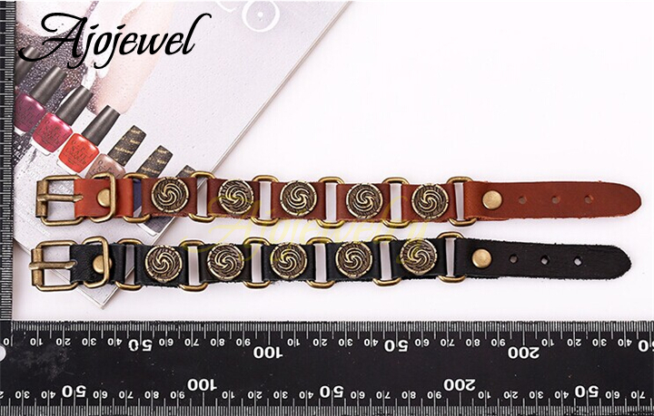 2014 alloy metal link punk jewelry brown black leather bracelets men bracelets with round button
