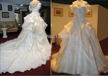 2014 New Arrival Wedding Dresses Ball Gown Sweetheart Backless Appliques Beaded Flowers Draped Cathedral Train Bridal Gowns
