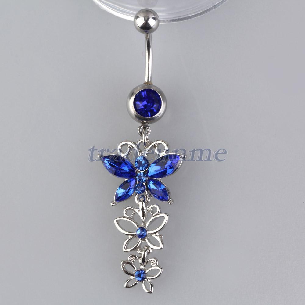 Free Shipping Hot Sale New Three Blue Crystal Butterflies Pendant Navel Ring Nail Body Piercing
