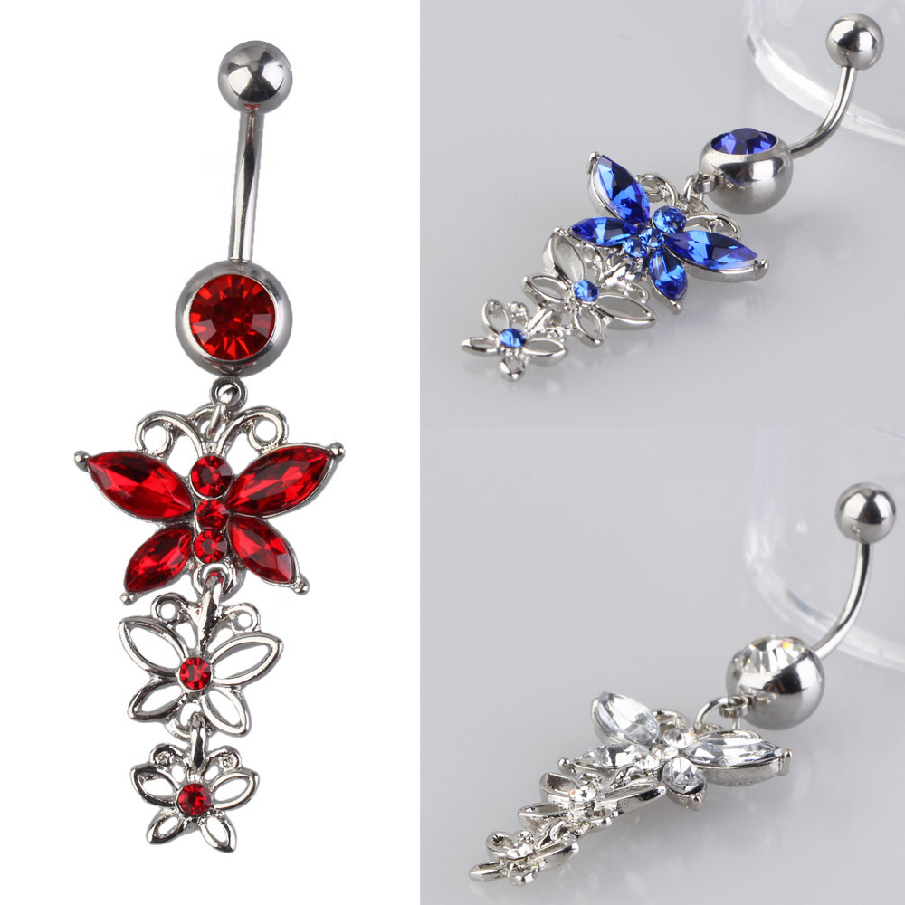 New Three Crystal Butterflies Pendant Navel Ring Nail Body Piercing Jewelry CA1T