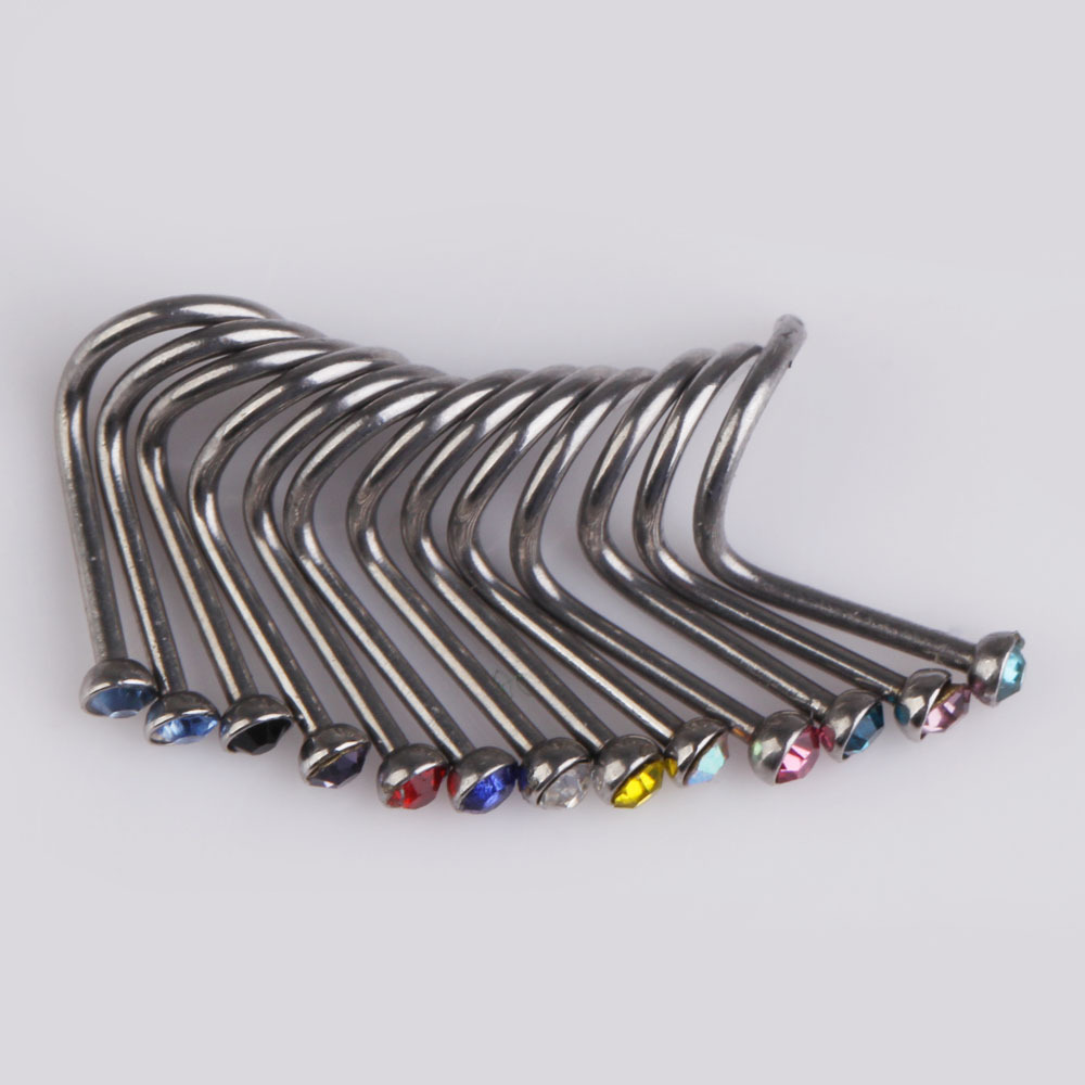 Free shipping Popular 20pcs Mix Colors Rhinestone Nose Studs Ring Bone Bar Pin Piercing Jewelry TAE