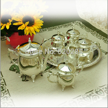 High quality European style shiny silver finish coffee set, 1 set= 1 plate+1 pot+ 4 sugar jars, metal tea set/wine set