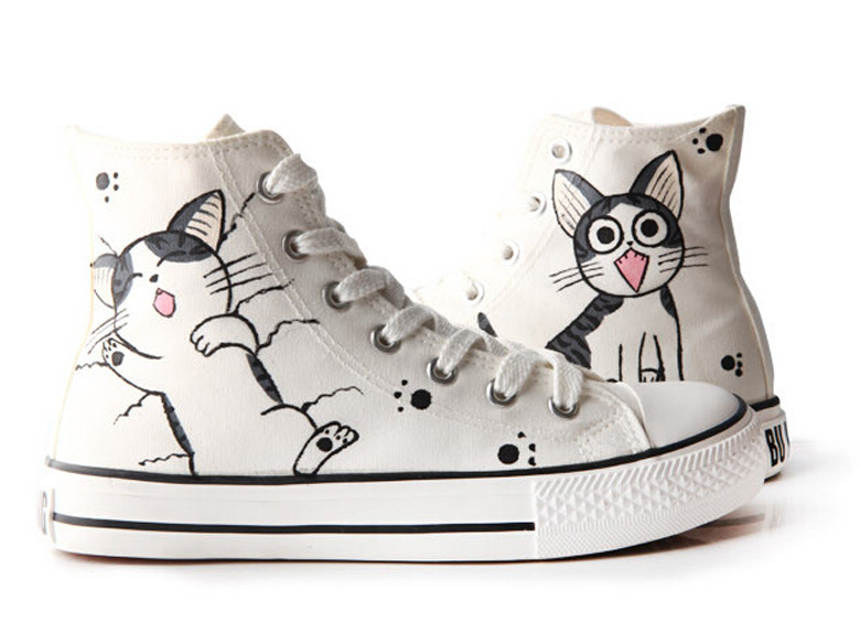 Cat Pattern High Lace Up Hand Painted Shoes 2014 New Fashion Sneakers for Men Women Breathable