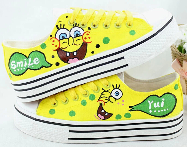 Spongebob Squarepants Pattern Low Lace Up Hand Painted Canvas Shoe Girls Height Increasing Platform Shoes Women