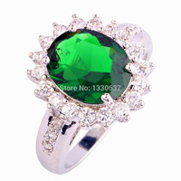New Elegant Oval Cut Emerald Quartz & White Topaz 925 Silver Ring Size 6 7 8 9 10 Jewelry Gift Wholesale Free Shipping