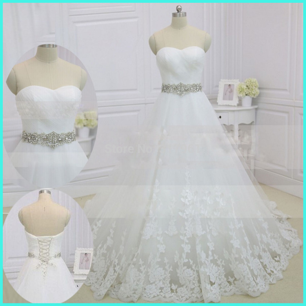 China Made A Line Wedding Dress 2015 Real Photo Sweetheart Sleevless Crtstal Belt Appliques Organza Wedding