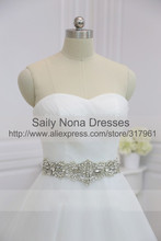 China Made A Line Wedding Dress 2015 Real Photo Sweetheart Sleevless Crtstal Belt Appliques Organza Wedding