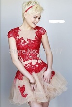 New Designer Sheer High Neck Ball Gown Red Lace and Nude Evening Dress Short 2015 with Sleeves JR400
