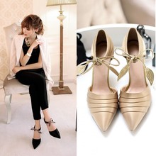 New arrival sexy pointed toe women pumps pleated lacing elegant women s shoes temperament high heel