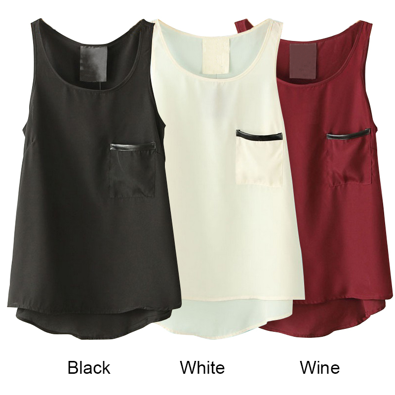 New Women Fashion Candy Colors Sleeveless Round Neck Pocket Tank Blouse Ladies Casual Loose Pullover Chiffon