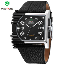 Weide Mens relojes deportivos caja de acero llena correa de cuero del cuarzo LED Digital Alarm fecha día Homems Relogio Reloj