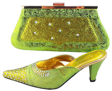 very beautiful ladies shoes and matching bags set,Quality assurance African shoes and bags with free shipping green1308-1