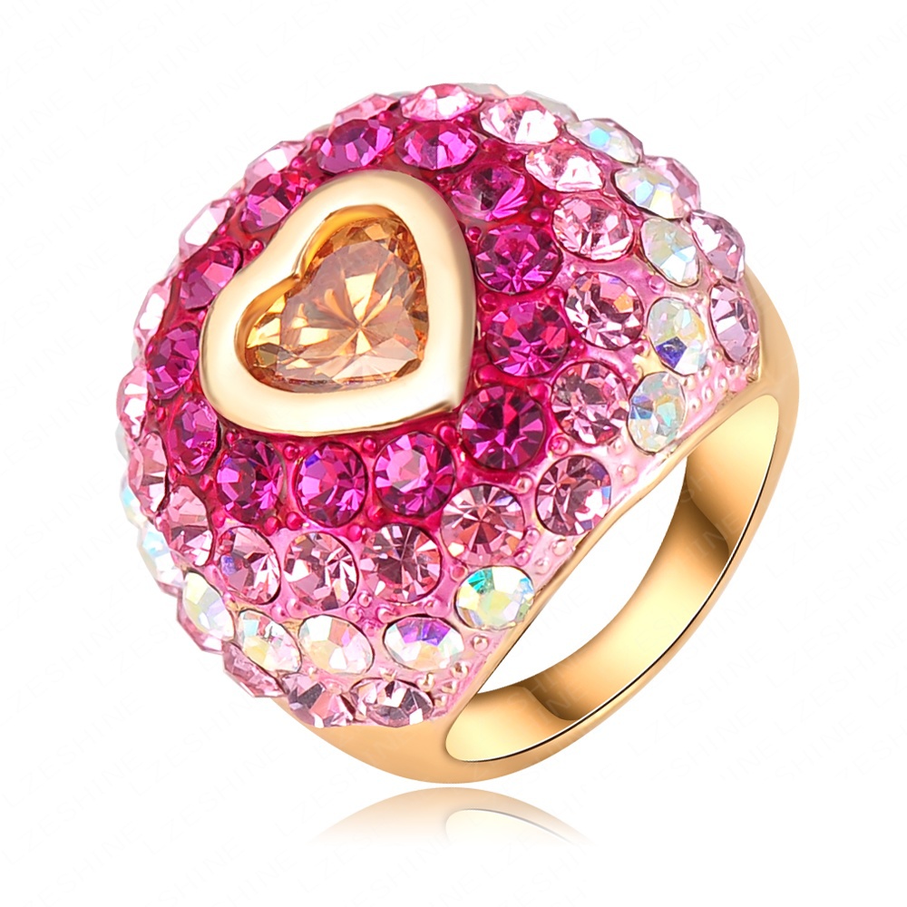 Romantic Christmas Gift Colorful SWA Element Austrian Crystal Love Ring 18K Gold Plated Heart Ring Women