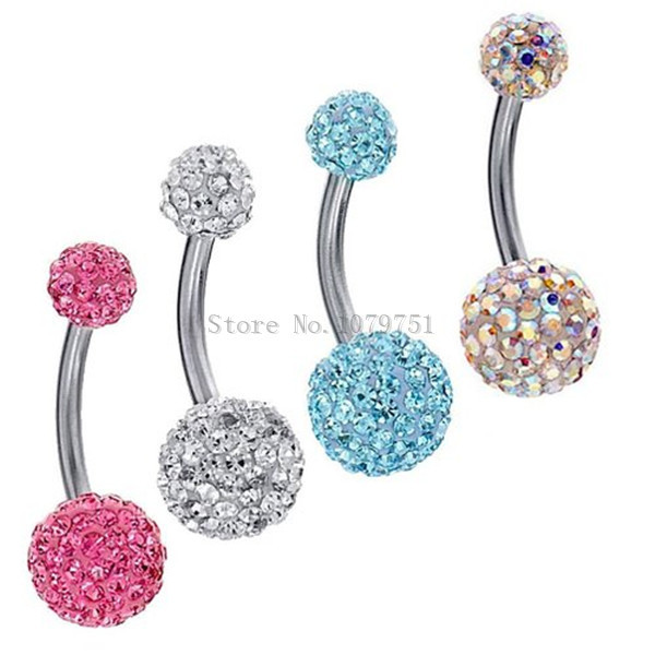 freeshipping 316L Steel Surgical Navel Belly Button Bar Ring Barbell Rhinestone Disco Crystal Ball Body Piercing