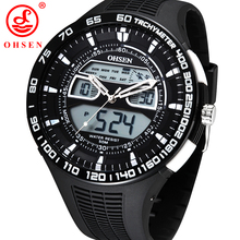 Ohsen relojes deportivos para hombre relojes 50 M impermeable cuarzo cronógrafo de la alarma del reloj grande del Dial blanco correa de caucho reloj Relogio Masculino