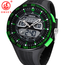 Ohsen relojes deportivos para hombre relojes 50 M impermeable cuarzo cronógrafo de la alarma reloj grande del Dial Rubber correa verde reloj Relogio Masculino