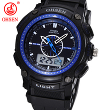Militar del ejército OHSEN LCD Dual Core reloj para hombre deporte fecha día cronómetro luz de fondo azul Rubber Band reloj relojes de buceo