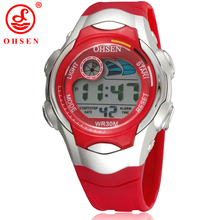 Ohsen 7 colores de retroiluminación LED de alarma fecha cronómetro Red de la jalea del silicón niños niños niños LCD Digital relojes deportivos