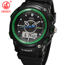 Militar del ejército OHSEN LCD Dual Core reloj para hombre deporte fecha día cronómetro luz de fondo Green Rubber Band reloj relojes de buceo