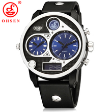 Moda Relogio Masculino deportes para hombre relojes Casual vestido reloj de cuarzo analógico Digital 3 zona horaria esfera azul reloj de pulsera de silicona