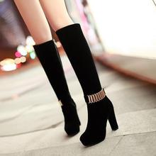 Sexy black New style PU knee high boots women’s thick high heeled shoes women long boots sequined buckle dancing shoes
