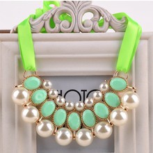 2014 Fashion Europe elegant joker ribbon pearl gem choker necklace Pendants Women Jewelry Gift 2X MHM181