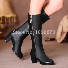 Free Shipping 100% Genuine leather winter plush woman riding Knee-high boots round toe High-heeled boots shoes Large size 31-45
