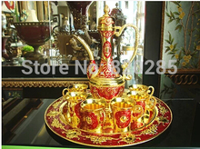 12″ plate, yellow gold & red color metal wine set/tea set, fashion zinc alloy wine set