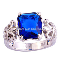 Retro Style Fleus De Lis Fashion Emerald Cut Blue Sapphire Quartz 925 Silver Ring Size 6 7 8 9 10 11 Wholesale Free Shipping